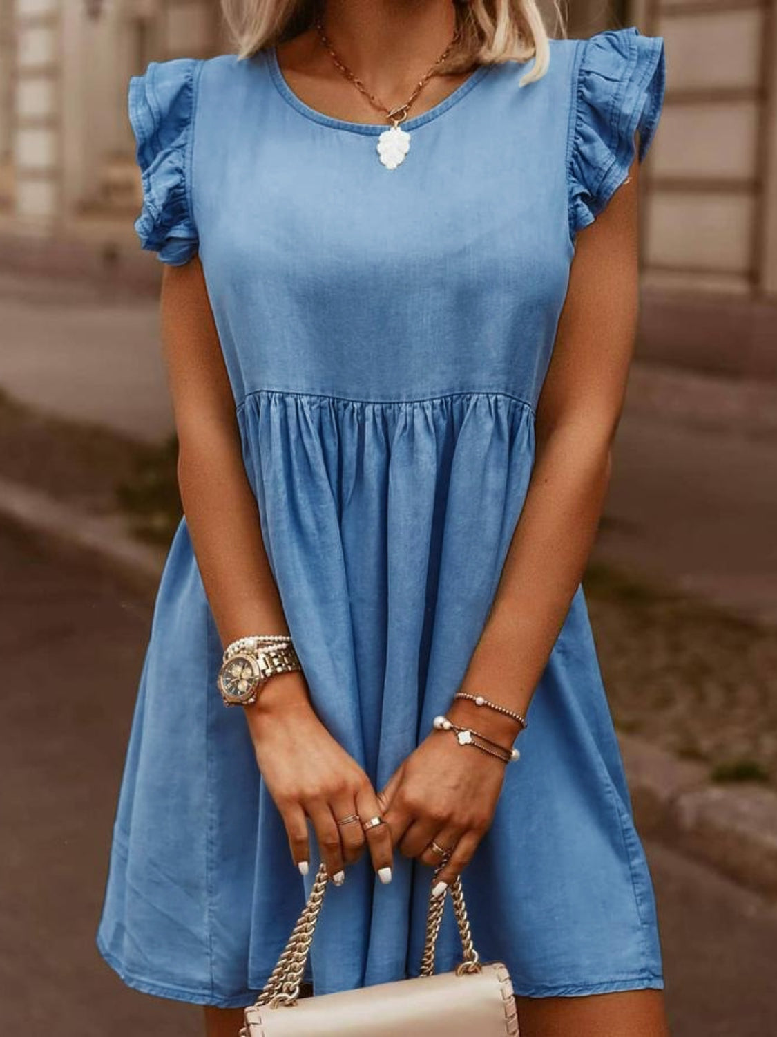 Ruffled Cap Sleeve Denim Dress