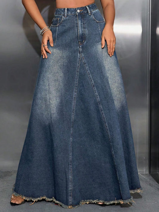 Raw Hem Full Length Denim Skirt with Pockets