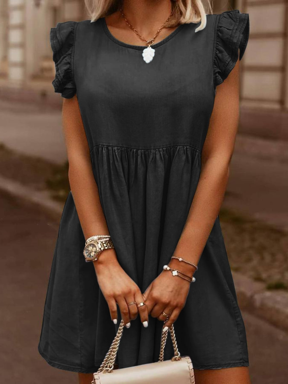 Ruffled Cap Sleeve Denim Dress