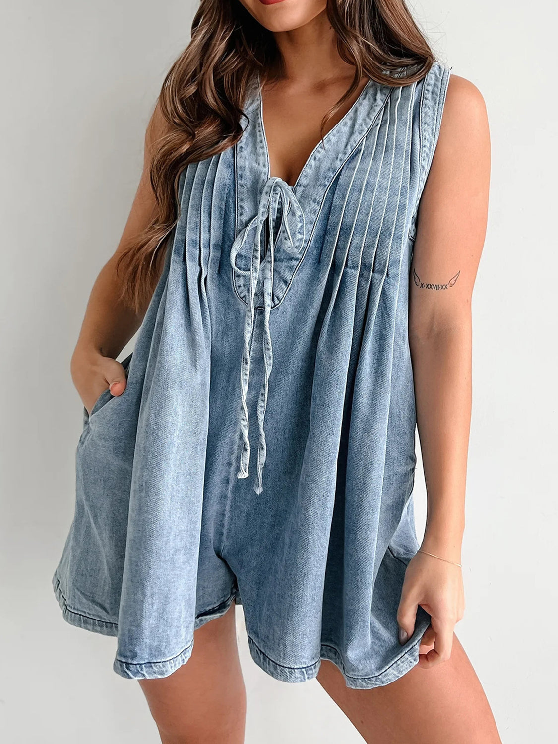 Bow Tied Denim Romper with Pockets (multiple colors to choose from)