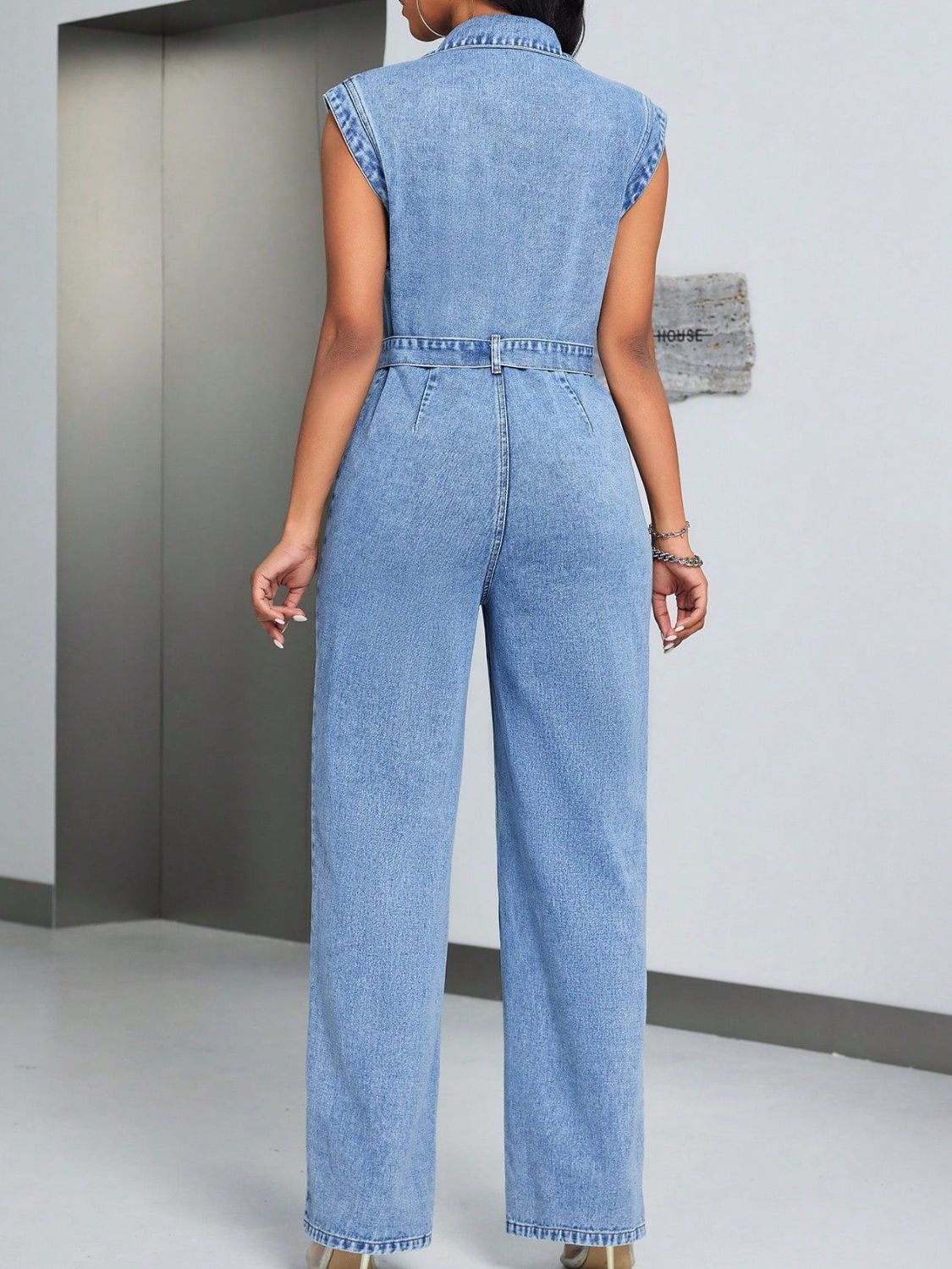 Button Down Straight Leg Denim Jumpsuit with Pockets