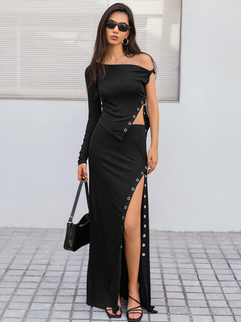Asymmetric Offset Top and Split Skirt Set in Black