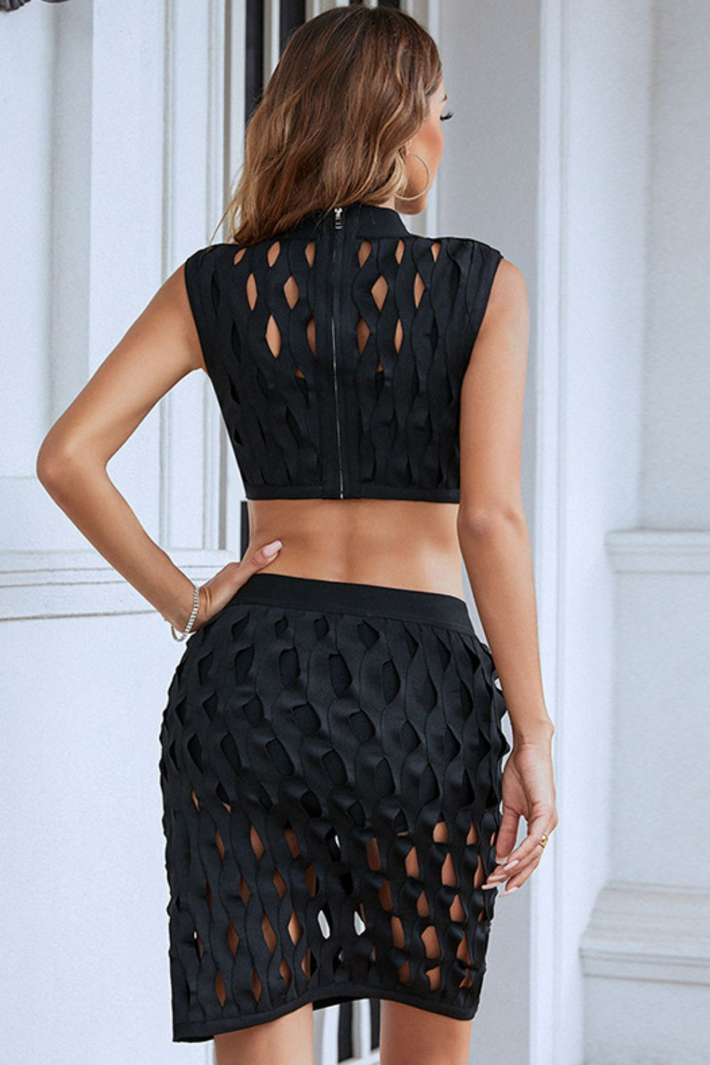 Diamond Cut Cropped Top and Skirt Set