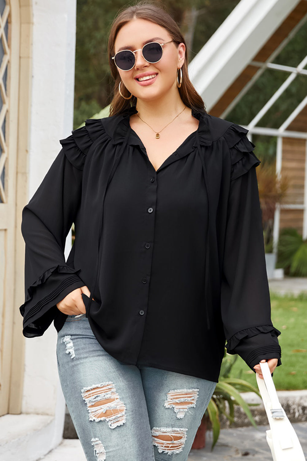 Flare Sleeve Ruffle Button-Up Shirt