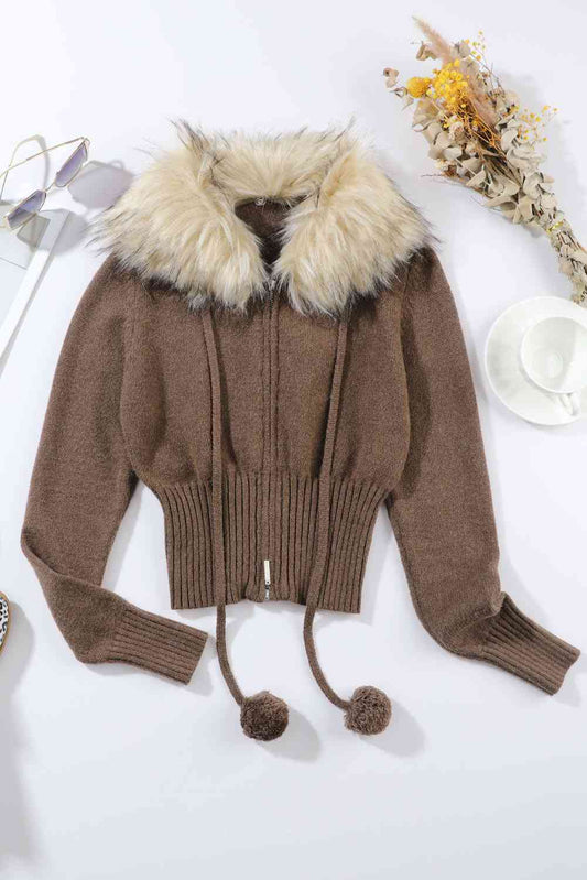 Faux Fur Collar Cardigan in Mocha