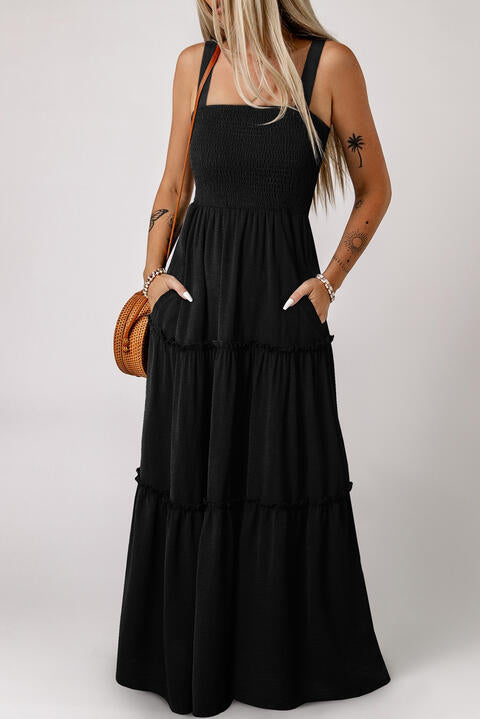 Black Smocked Sleeveless Tiered Dress