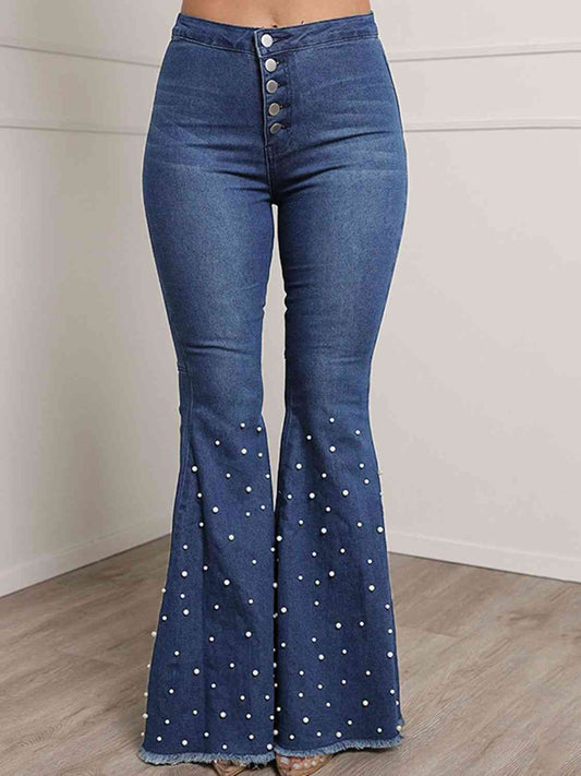Button Fly Dotted Flare Jeans