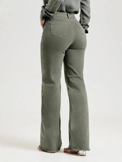 Buttoned Raw Hem Jeans in Sage