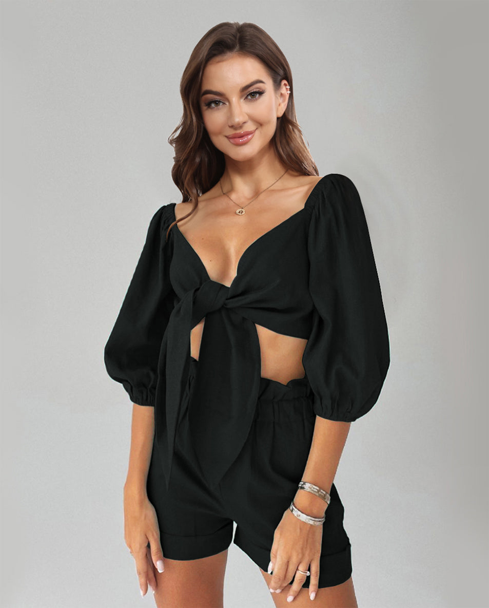 Puff Sleeve Tie Front Top and Shorts Set