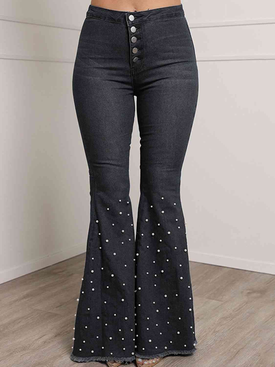 Button Fly Dotted Flare Jeans
