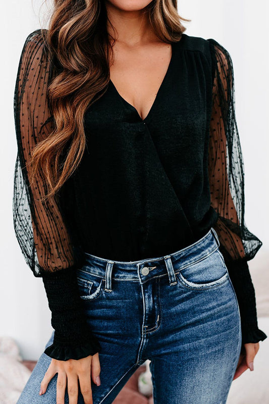 V-Neck Sheer Balloon Sleeve Bodysuit