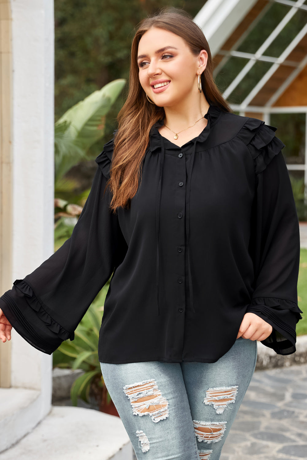 Flare Sleeve Ruffle Button-Up Shirt