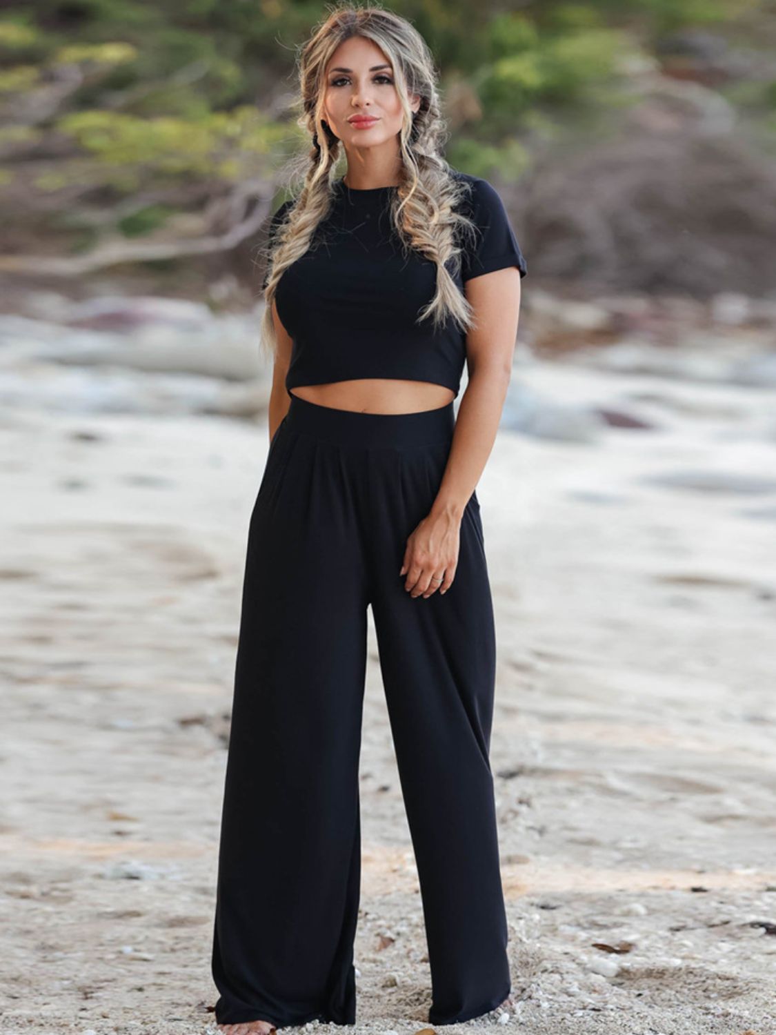 Cropped T-Shirt and Wide Leg Pants Set