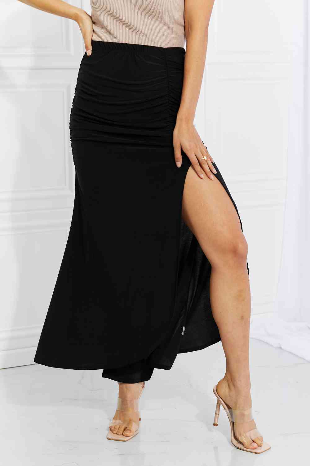Black Ruched Waist Slit Maxi Skirt