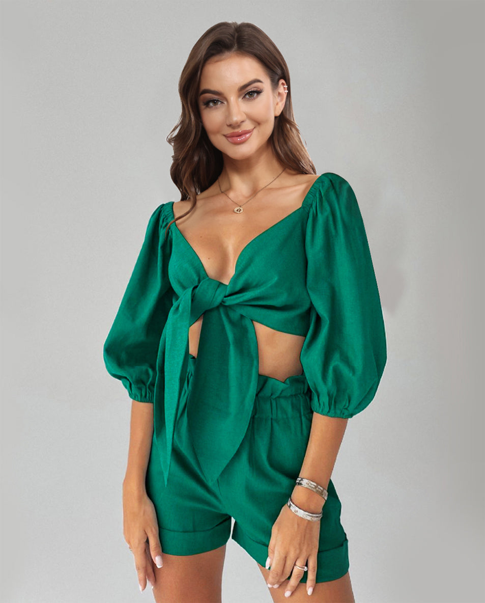 Puff Sleeve Tie Front Top and Shorts Set