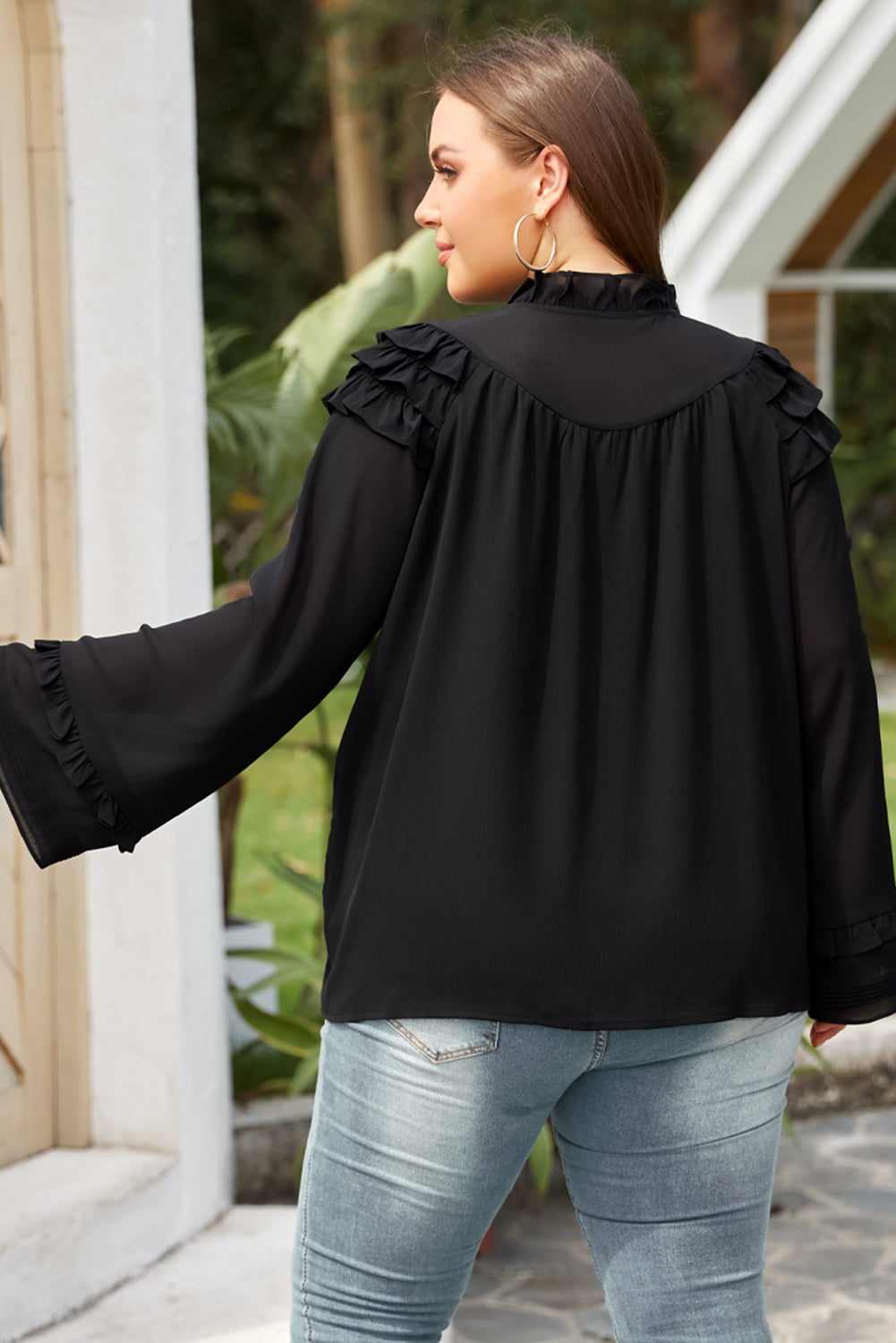 Flare Sleeve Ruffle Button-Up Shirt