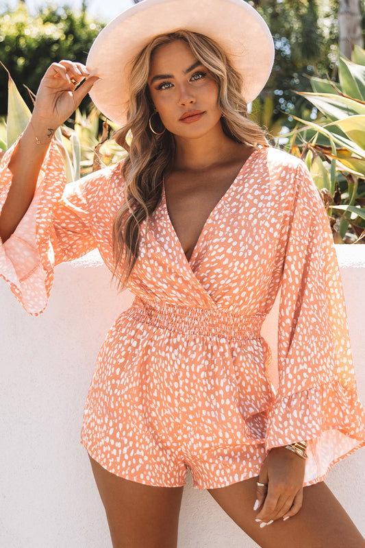 Printed Flare Sleeve Criss Cross Romper