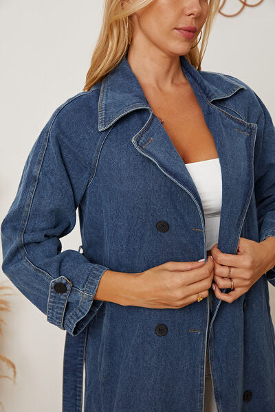 Double-Breasted Belted 3/4 Denim Jacket