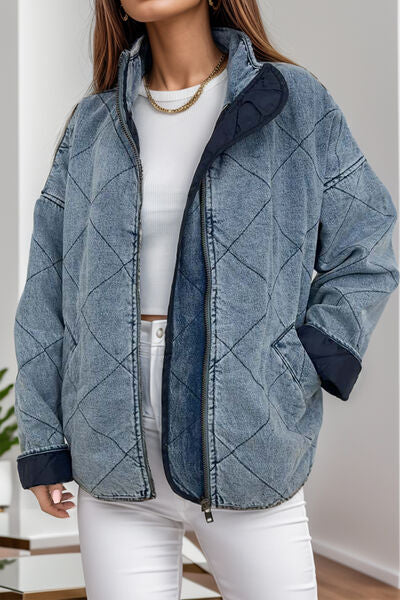 Diamond Stitch Patterned Denim Zip-Up Jacket with Pockets