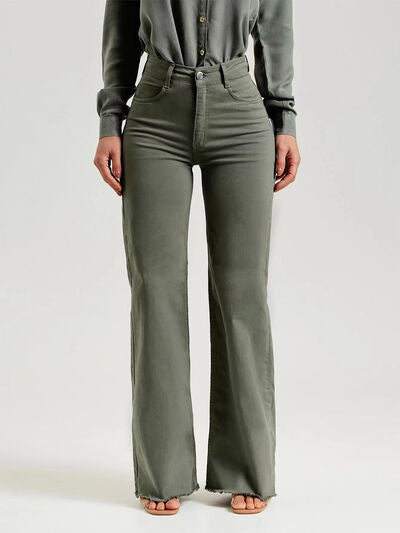 Buttoned Raw Hem Jeans in Sage