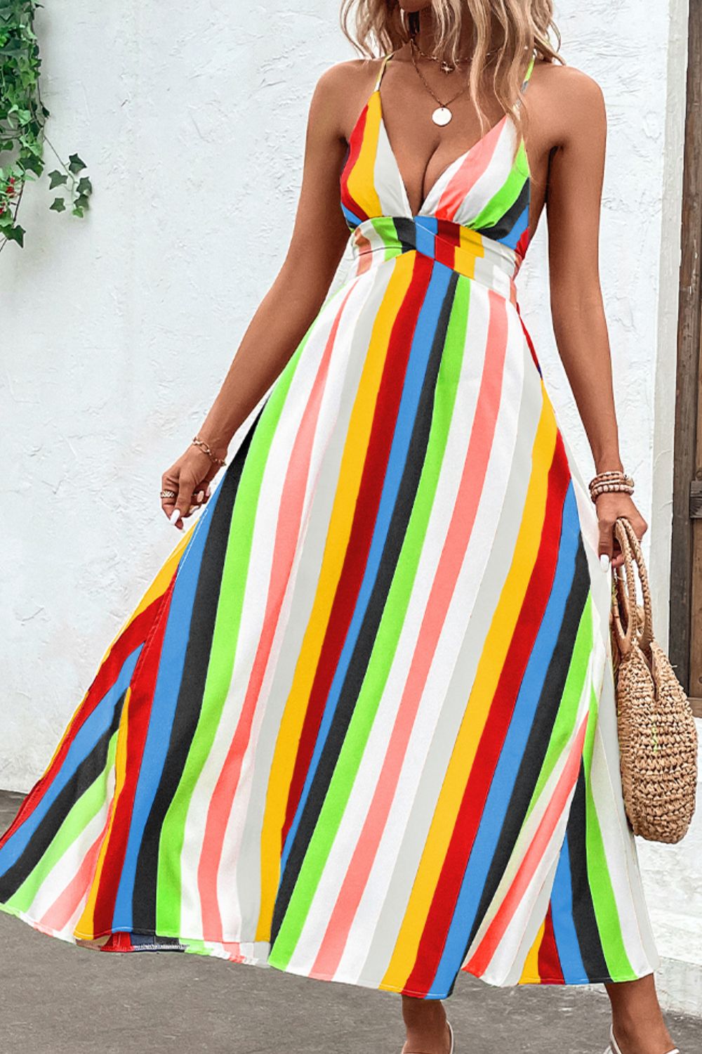 Crisscross Backless Multicolor Maxi Dress